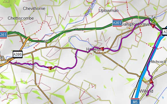map of Willand to Tiverton walk